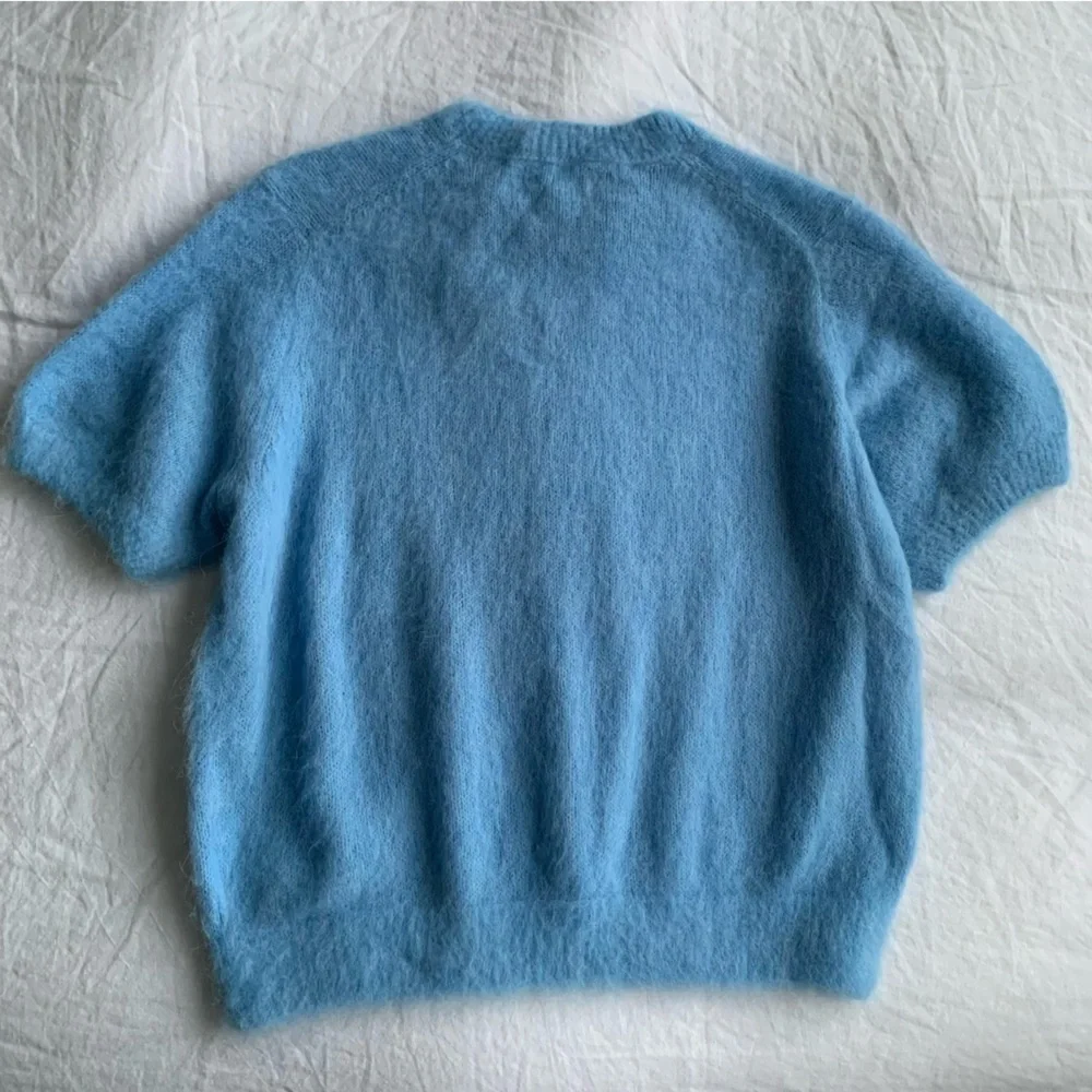 NWT Doen Hearst Alpaca Wool Brushed Puff Short Sleeve Sweater Top Seashore Blue